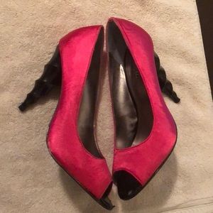 Pink open toe cork heels